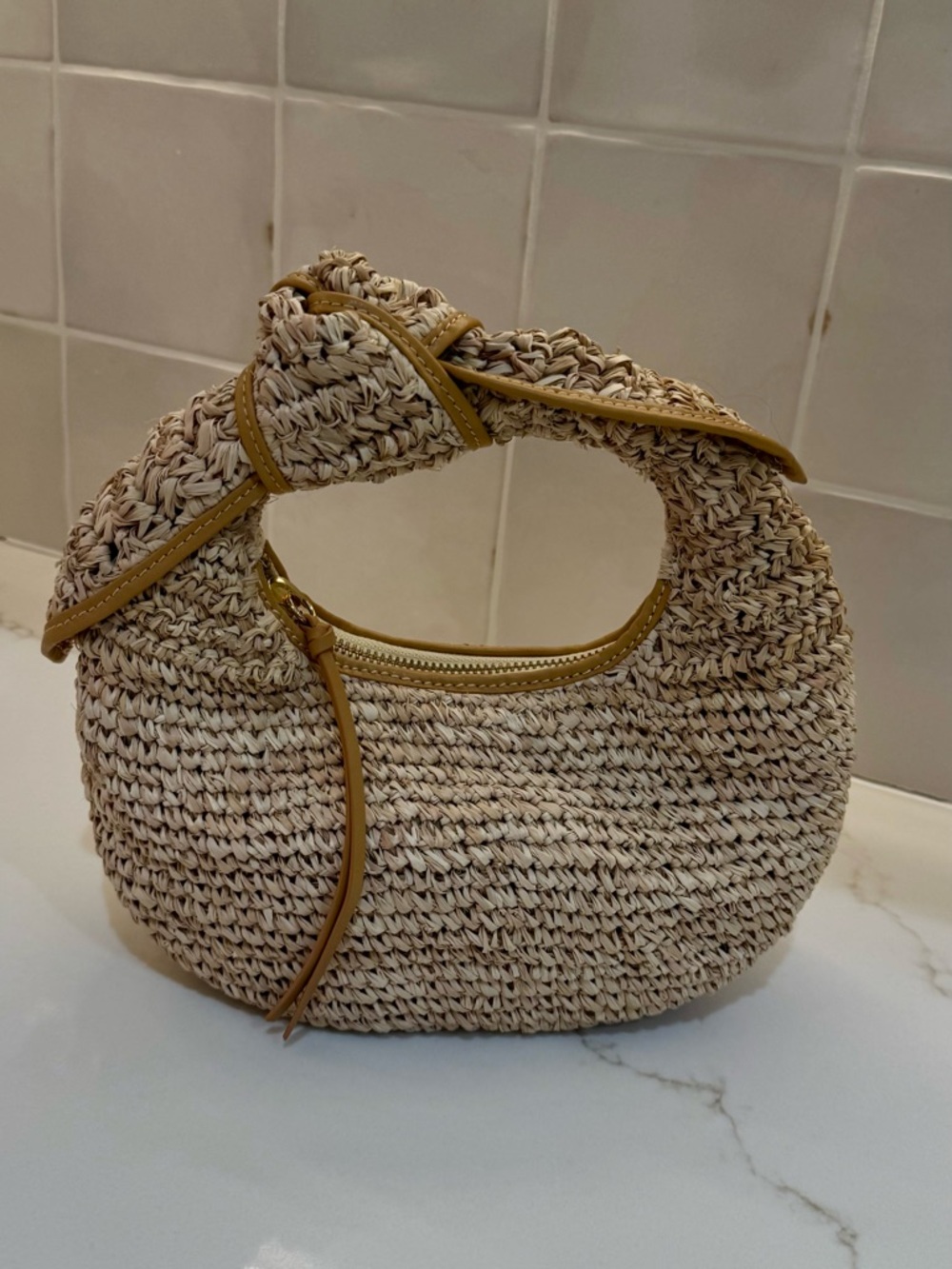 NWT Knotted Straw Crescent Bag